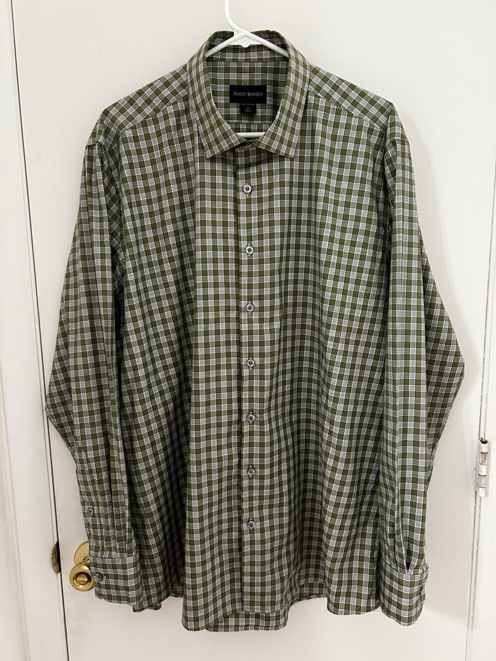 Scott Barber Regular Fit Gingham Sage Long Sleeve Cotton Button Up Shirt XL